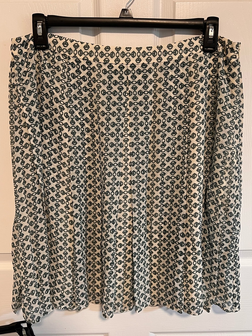 Tory Burch Geometric Print 100% Silk Chiffon Cream Green Pleated A-Line Skirt 14